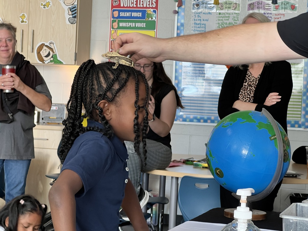 A young girl wearing braids has a small geico lizard on her head. A man's hand is visible removing the lizard. A globe is on the table behind them.