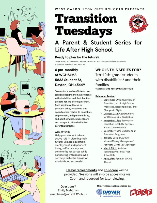 Flier highlighting Transition Tuesdays with dates and topics. Images of people working with computers are on a green background.
