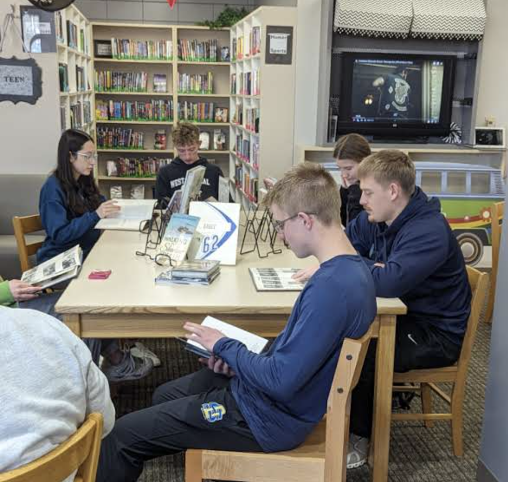 students in library