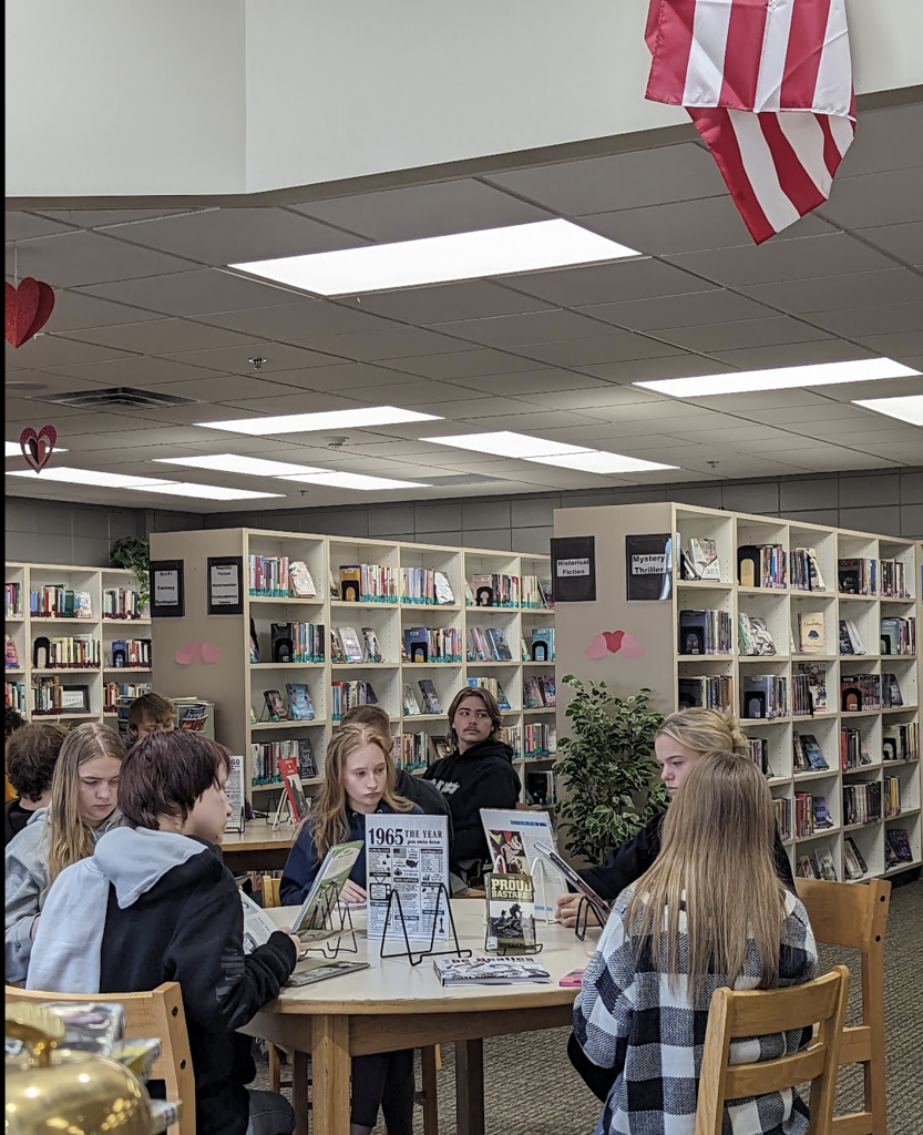 students in library