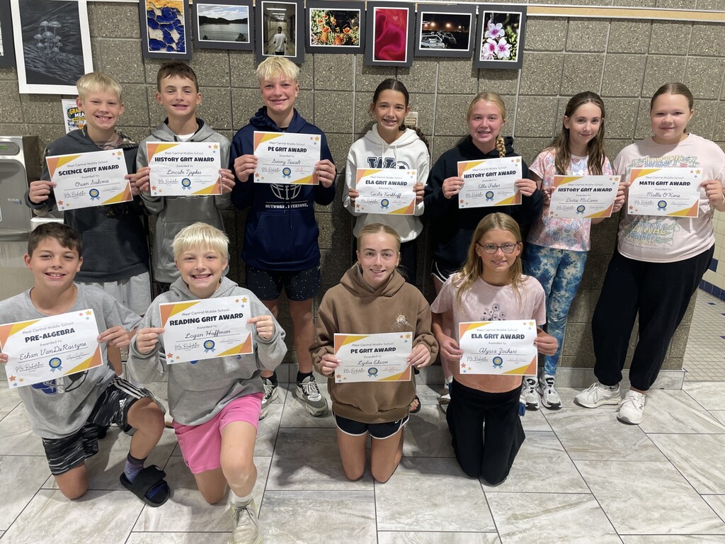 September Students of GRIT: (Top Row: Left to Right): Owen Solsma (Science), Lincoln Tjepkes (History - Mrs. Pope), Sonny Tewalt (PE), Cecilia Kerkhoff (ELA - Ms. Thompson), Ellie Faber (History - Ms. Thompson), Dottie McCann (History - Ms. Hartog), Mollie O'Kane (Math), (Bottom Row: Left to Right): Ethan VanDeRostyne (Pre-Algebra), Logan Hoffman (Reading), Lydia Ebson (PE), Alyssa Zochert (ELA - Ms. Anderson)