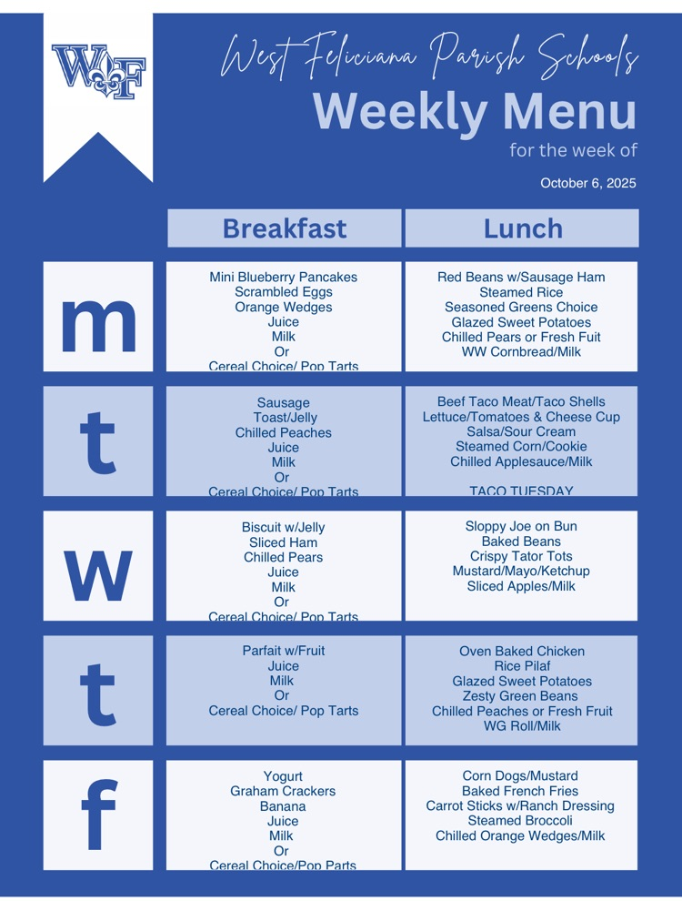 menu for week of 10/6/2025