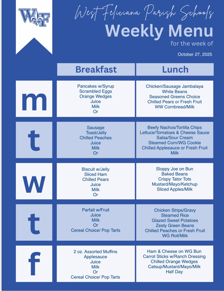 WFHS Weekly Menu: October 27-31🥞🥪