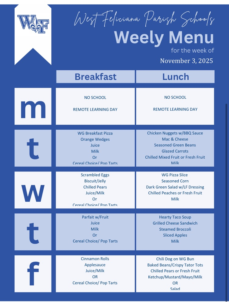 Menu for week of 11/3/2025
