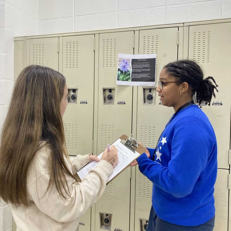 students collaborating on a project in the hallway