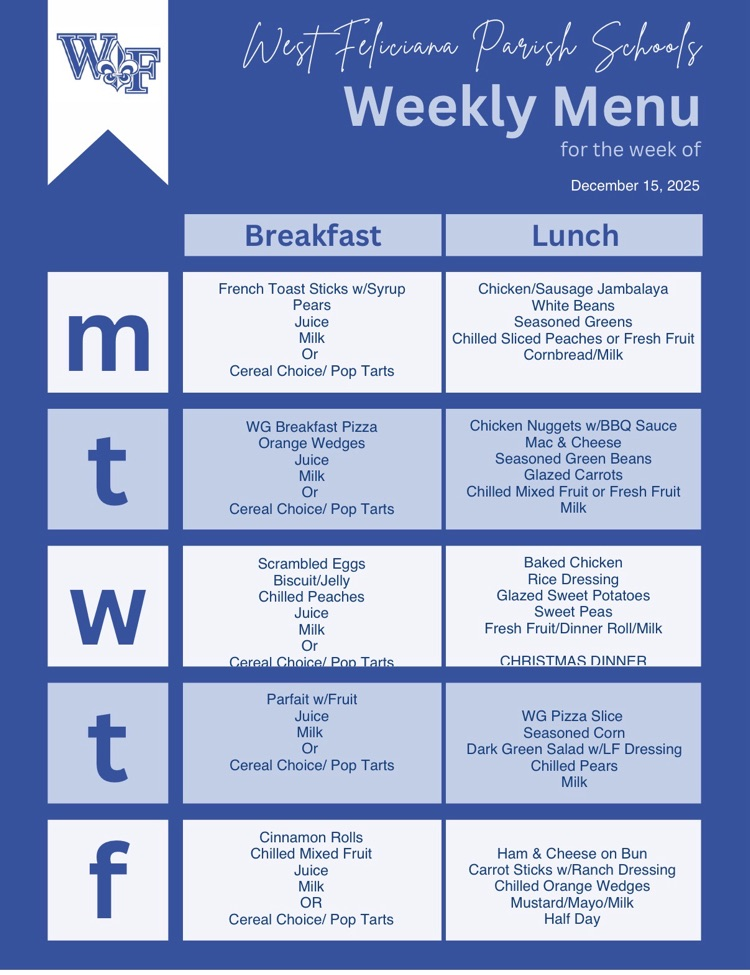 menu for the week of 12/15/25