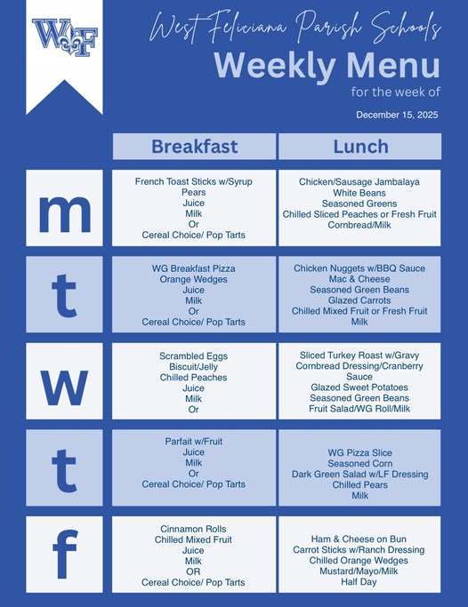 WFHS Weekly Menu: December 15-19 🍕🥪