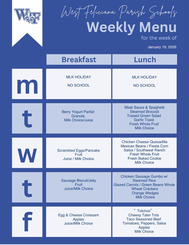 Menu for Week of 1/19