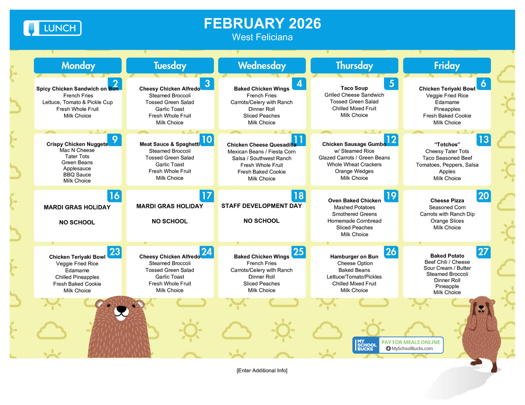 Updated February Lunch Menu