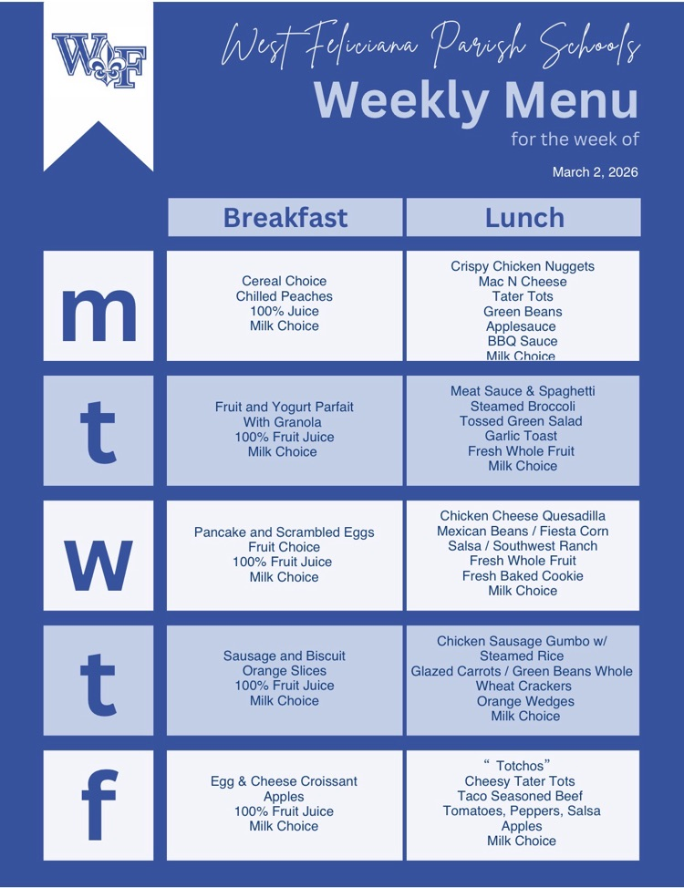 menu for week of 3/2/26