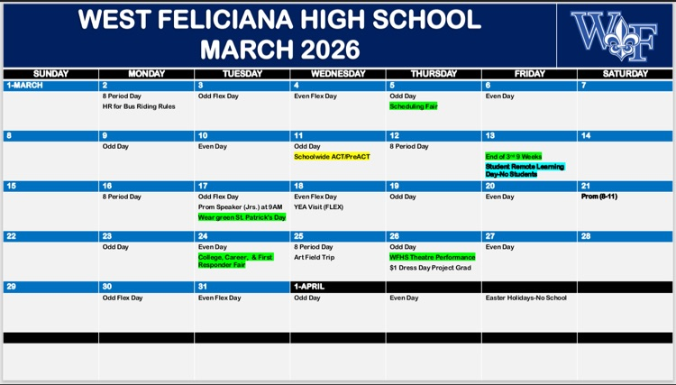 WFHS March 2026 Calendar ⚜️💙