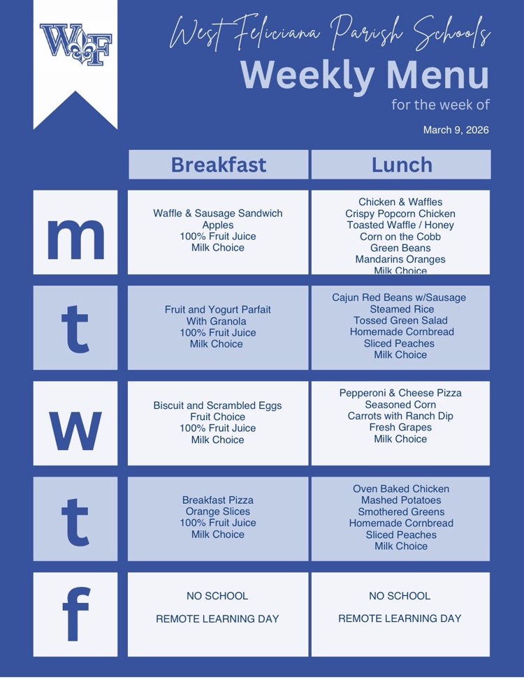 Weekly Menu for 3/9/26