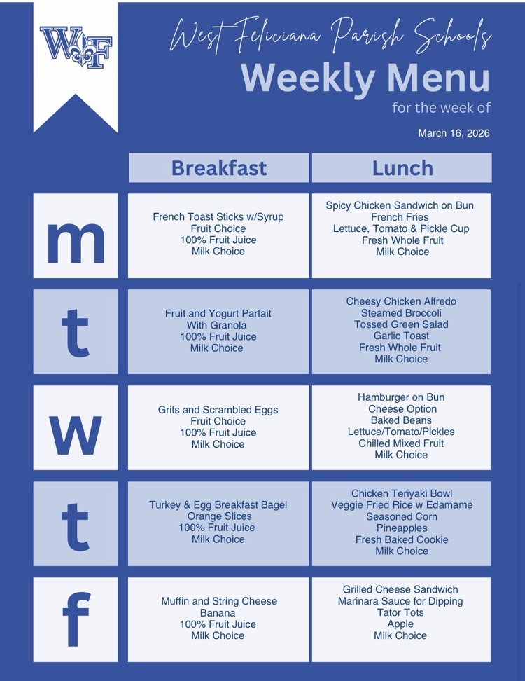 Menu for week of March 16, 2026