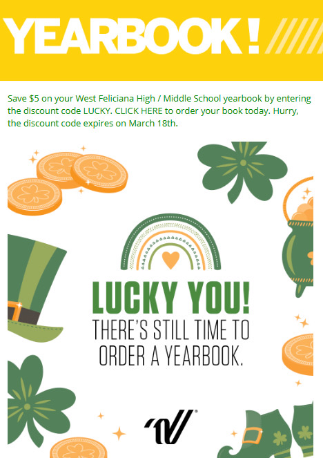 🍀 Lucky you! Save $5 off your yearbook when you use the code LUCKY at check out. Don’t miss your chance to grab this deal before it disappears - offer ends March 18!  https://yearbookordercenter.com  Code: 463