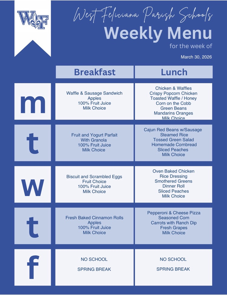 Menu for the week of March 30
