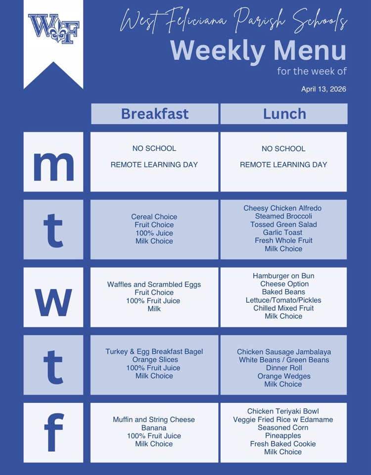 menu for the week of 4/13/26