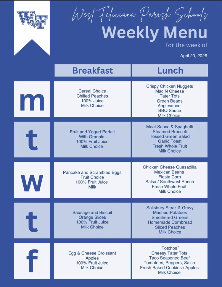 menu for the Week of 4/20/2026