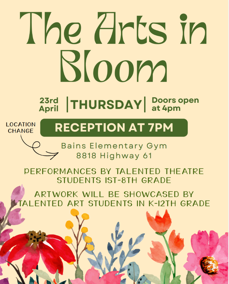 Art & Theater Showcase, 4/24/26 at Bains Gym. Reception at 7:00 PM