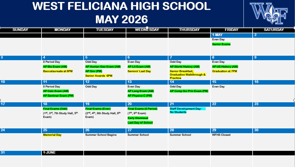 WFHS May Calendar... it's almost summer break Saints! Let's finish this year strong!😎