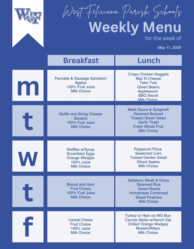 menu for week of May 11