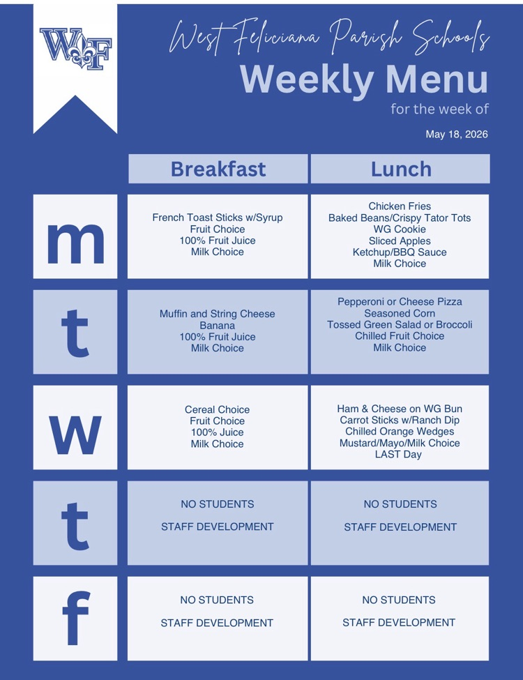 Menu for week May 18