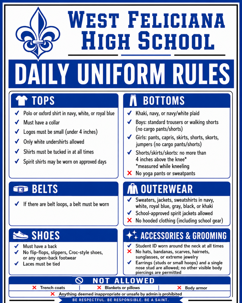 WFHS families, as you begin planning for the 2026-2027 school year, please take a moment to review our Daily Uniform Rules.