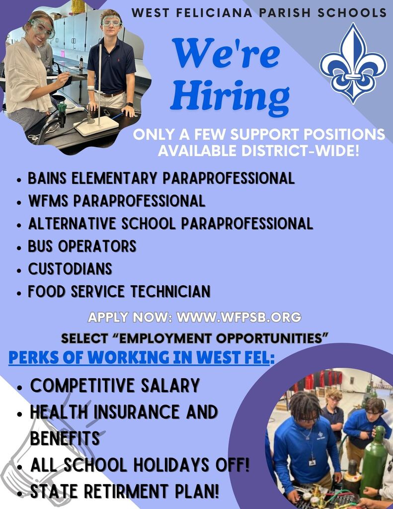 We're hiring graphic. Positions advertised: paraprofessional, custodians, bus drivers