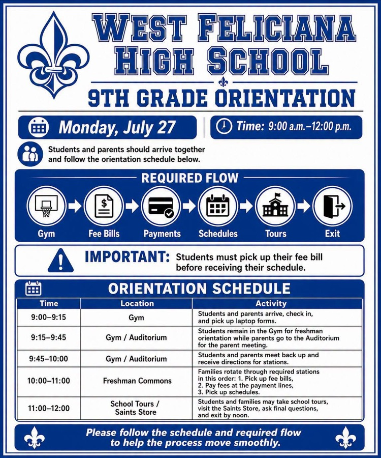 Reminder: 9th Grade Orientation is tomorrow, Monday, July 27, from 9:00 a.m.–12:00 p.m. All students and parents should report to the gym at 9:00 a.m. and follow the required orientation flow.
