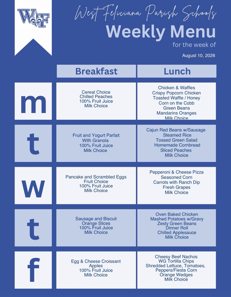 Lunch menu for the week of August 10th