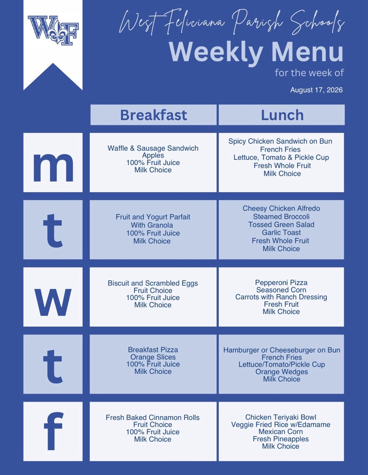 menu for the week of August 17, 2026
