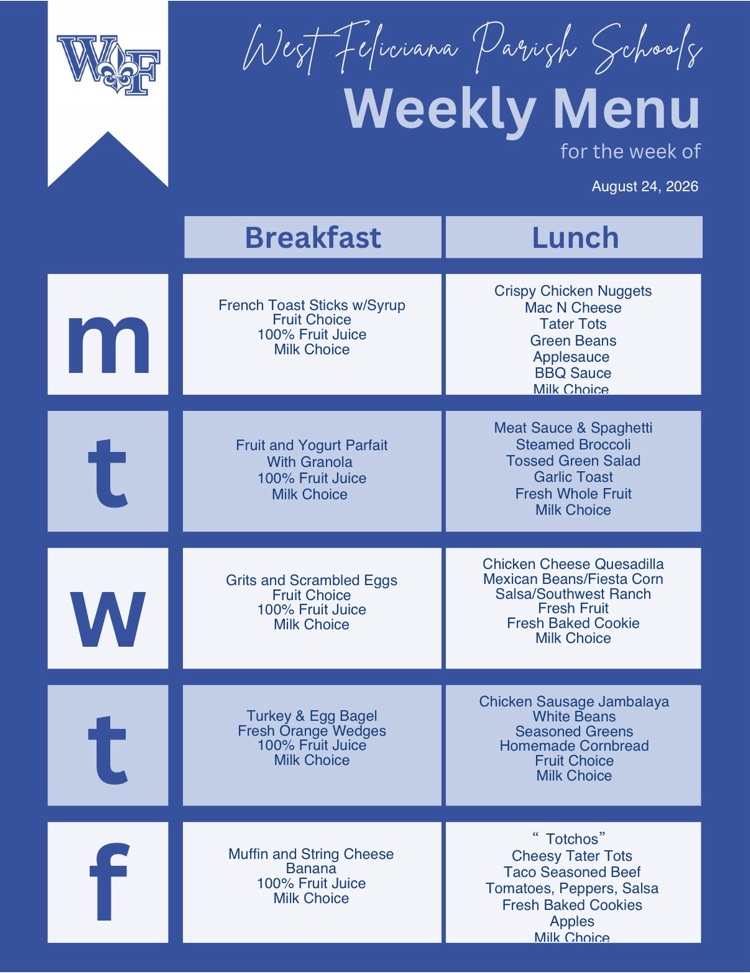 Menu for the week of 8.24.2026