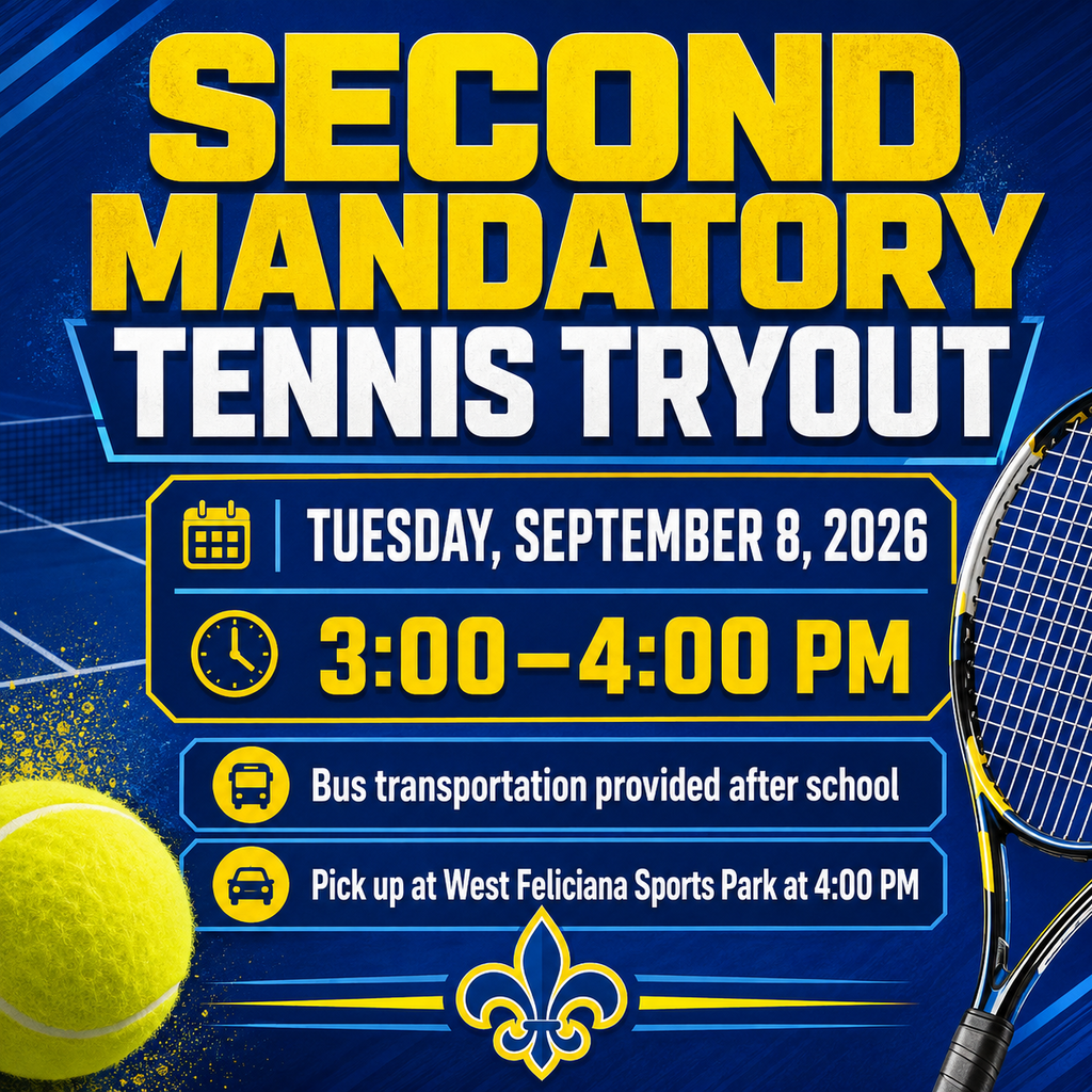 Second Mandatory Tennis Tryout is Tuesday, 9/8/26 at the WF Sports Park 3-4 PM