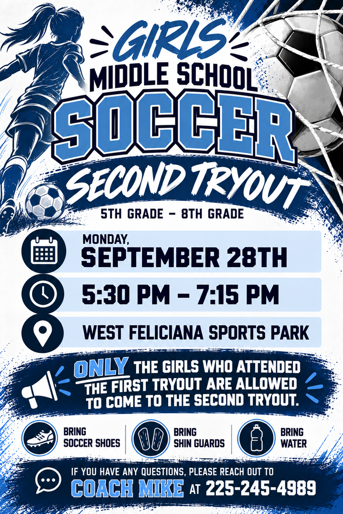 Second Soccer Tryout will be 9/28 from 5:30 - 7:15 PM at the WF Sports Park