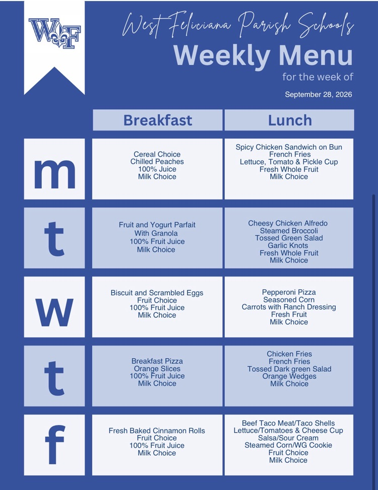 weekly menu for September 28, 2026: spicy chicken sandwich with fries, cheesy chicken alfredo with broccoli and garlic knots, pepperoni pizza