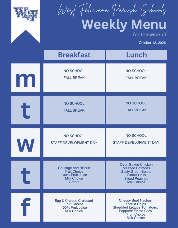 weekly breakfast and lunch menu for October 12–16, 2026.
