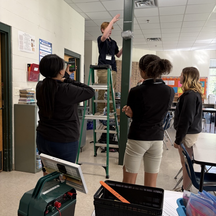 Student on a ladder with other students watching