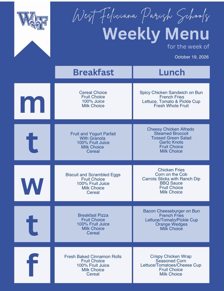 West Feliciana Parish Schools breakfast and lunch menu for October 19–23, 2026.