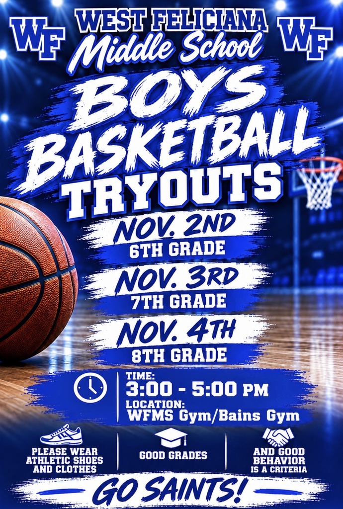 WFMS boys’ basketball tryouts: November 2 for sixth grade, November 3 for seventh grade, and November 4 for eighth grade, from 3–5 p.m. Location: WFMS Gym/Bains Gym.