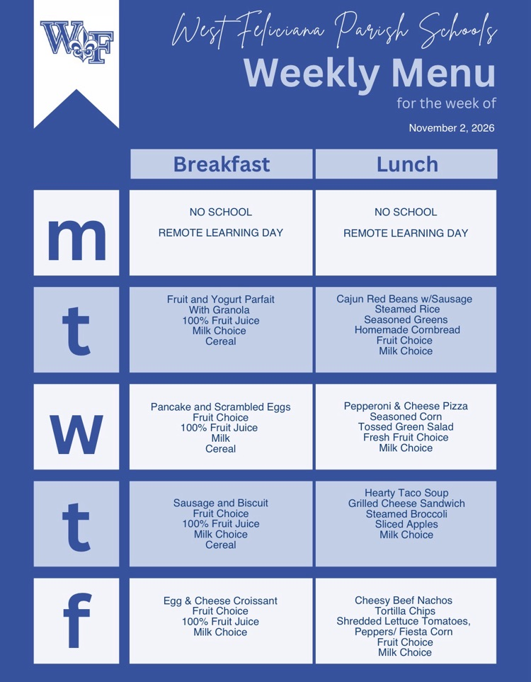 weekly breakfast and lunch menu for November 2–6, 2026. Monday is a Remote Learning Day with no school meals served.