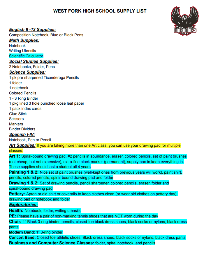 School supply list