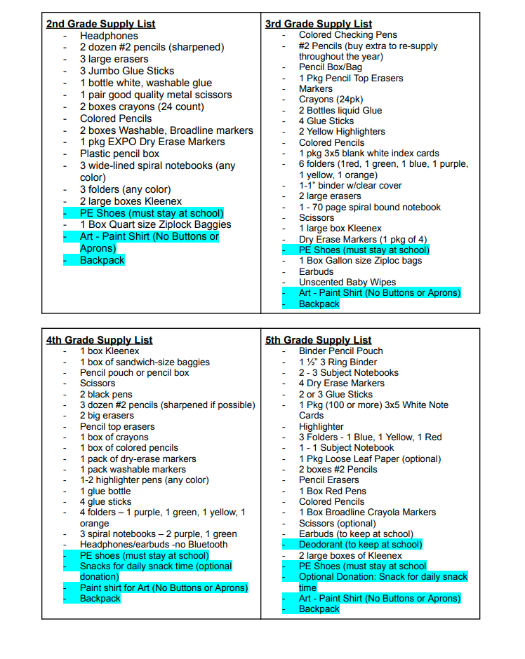 School supply list