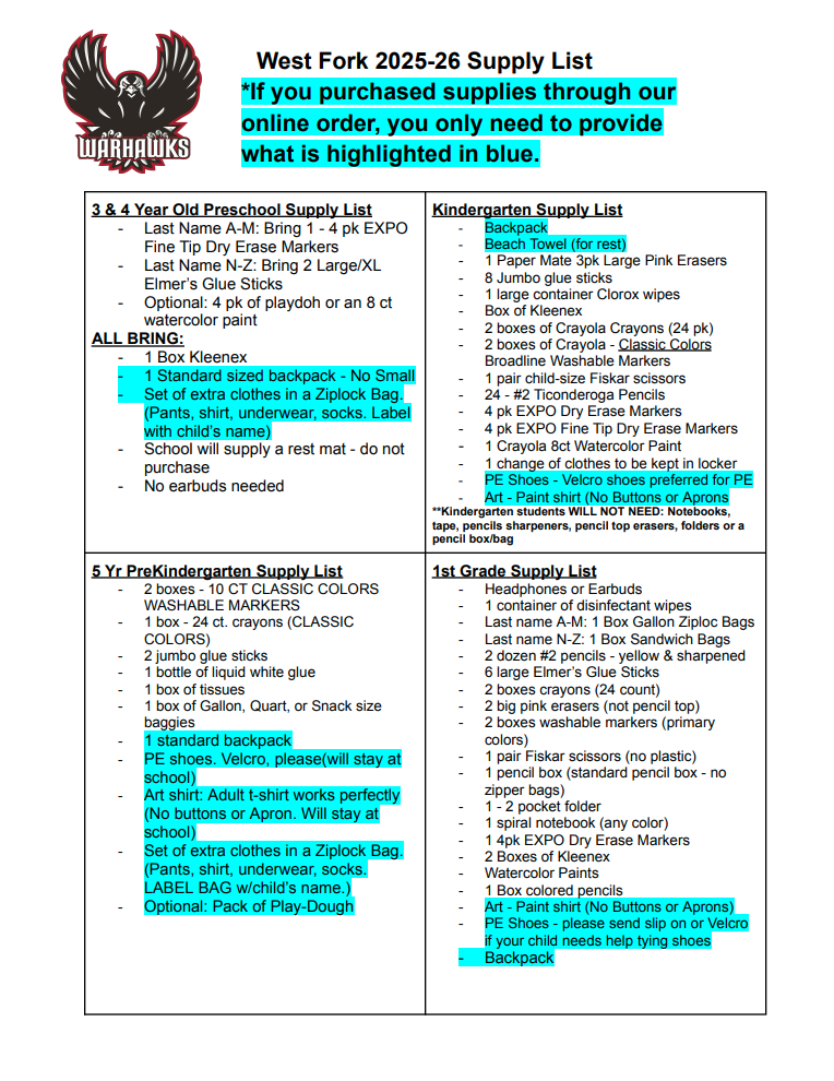 School supply list