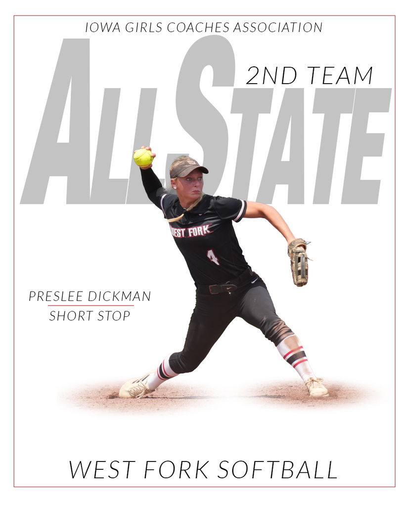 Congratulations Preslee! 🎉🥎 We are proud to share that Preslee Dickman has been named 2nd Team All-State by the Iowa Girls Coaches Association AND earned a spot on the All-Tournament Team!