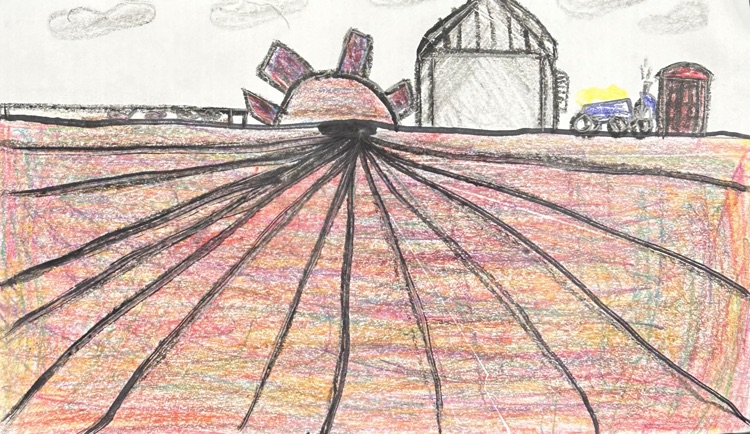 colored pencil drawing of a farm and field 