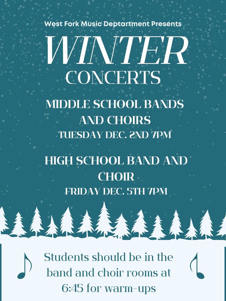 Reminder! Concerts are this week! All Middle School Music Concert is Tomorrow Dec. 2nd at 7pm. All High School Music Concert is on Friday Dec. 5th at 7pm.