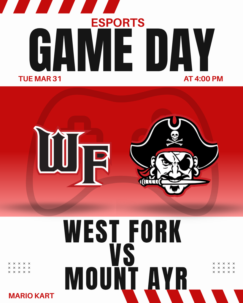 Game day vibes 🎮🔥 West Fork Esports takes on Mount Ayr 🗓 Tuesday, March 24 🏁 Mario Kart showdown