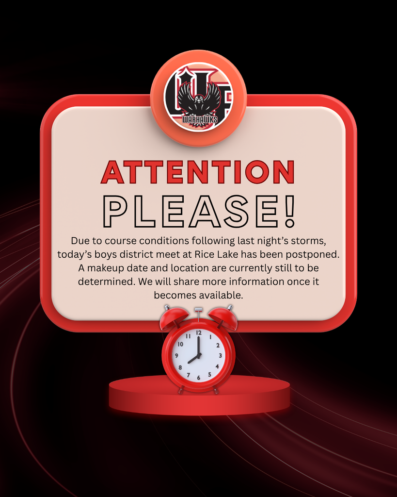 Due to course conditions following last night’s storms, today’s boys district meet at Rice Lake has been postponed. A makeup date and location are currently still to be determined. We will share more information once it becomes available.