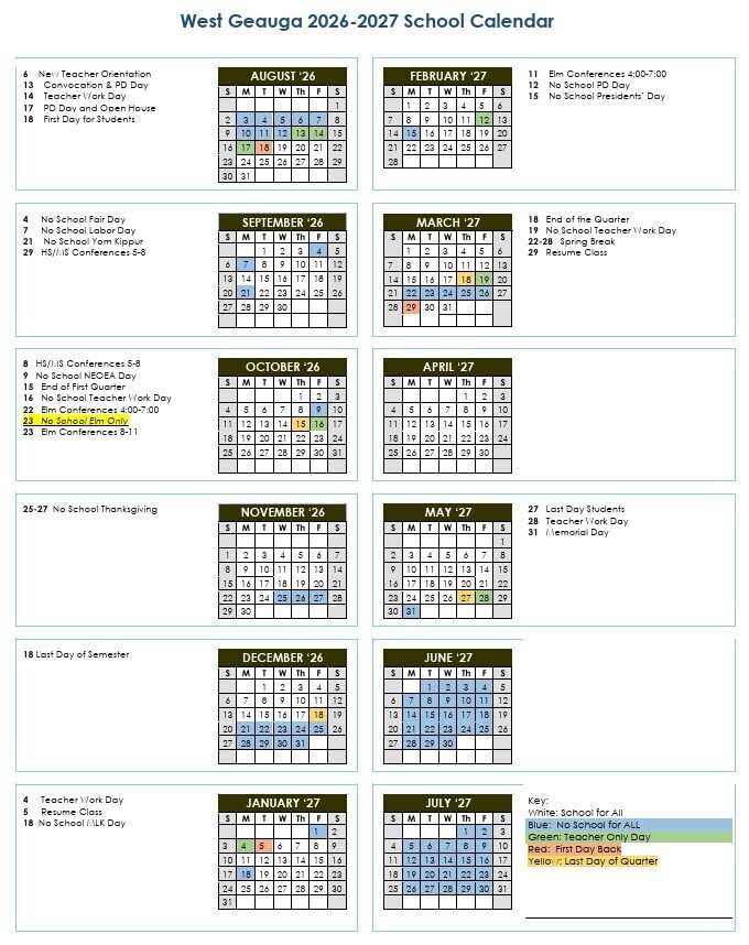 Image of updated school year 2026-2027 calendar