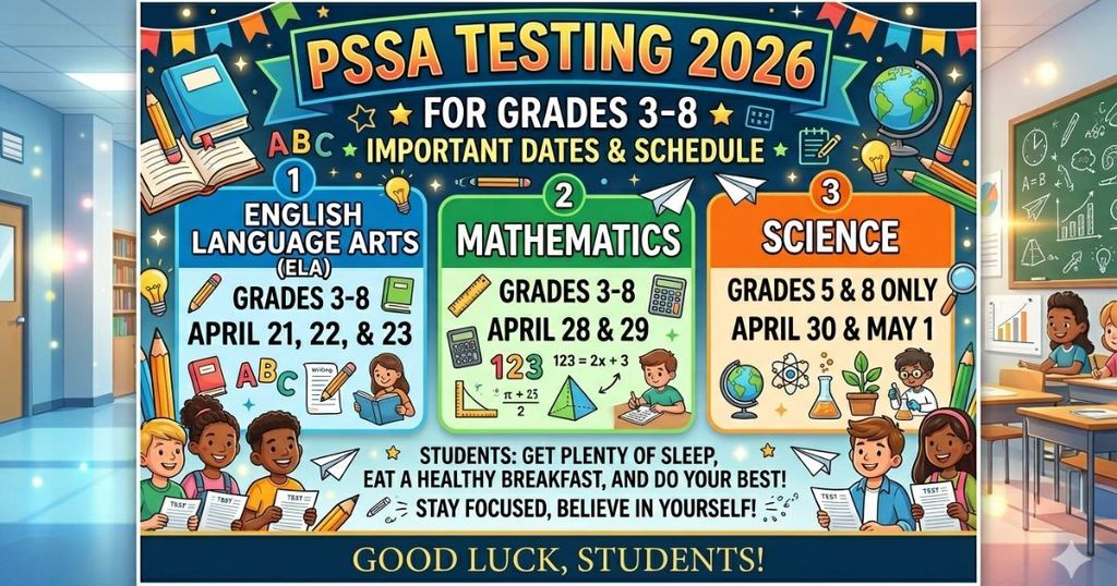 Image Description: PSSA Testing 2026 Schedule The image is a colorful and informative digital flyer designed for a school's PSSA testing schedule. It is set against a bright blue sky with wispy white clouds.  Header and Overall Theme At the very top, a festive banner with multicolored triangular flags hangs over the main title. The title "PSSA TESTING 2026" is written in large, bold, orange and yellow letters with a slight 3D effect. Directly below it, a smaller gold banner reads "FOR GRADES 3-8," flanked by small gold stars. The flyer features playful school-related illustrations in the corners, such as an open textbook, a globe, pencils, and a lightbulb.  Testing Schedule (Center Section) The middle of the flyer contains the specific testing dates, organized vertically by a glowing timeline on the left side.  Step 1 (Royal Blue): A glowing blue circle with the number 1 connects to a line. To the right, it lists: "ELA (Grades 3-8): APRIL 21, 22, 23." An icon of a blue book is positioned to the far right.  Step 2 (Yellow/Gold): A glowing yellow circle with the number 2 follows. It lists: "Mathematics (Grades 3-8): APRIL 28 & 29." An icon of a calculator is to its right.  Step 3 (White): A glowing white circle with the number 3 concludes the timeline. It lists: "Science (Grades 5 & 8): APRIL 30 & MAY 1." An icon of an atom symbol is to its right.