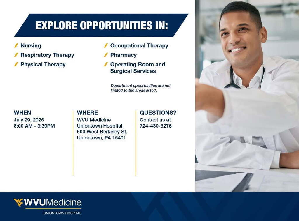 The date and time is July 29, 2026 from 8-3:30 PM at Uniontown Hospital. Contact 724-430-5276 for more information